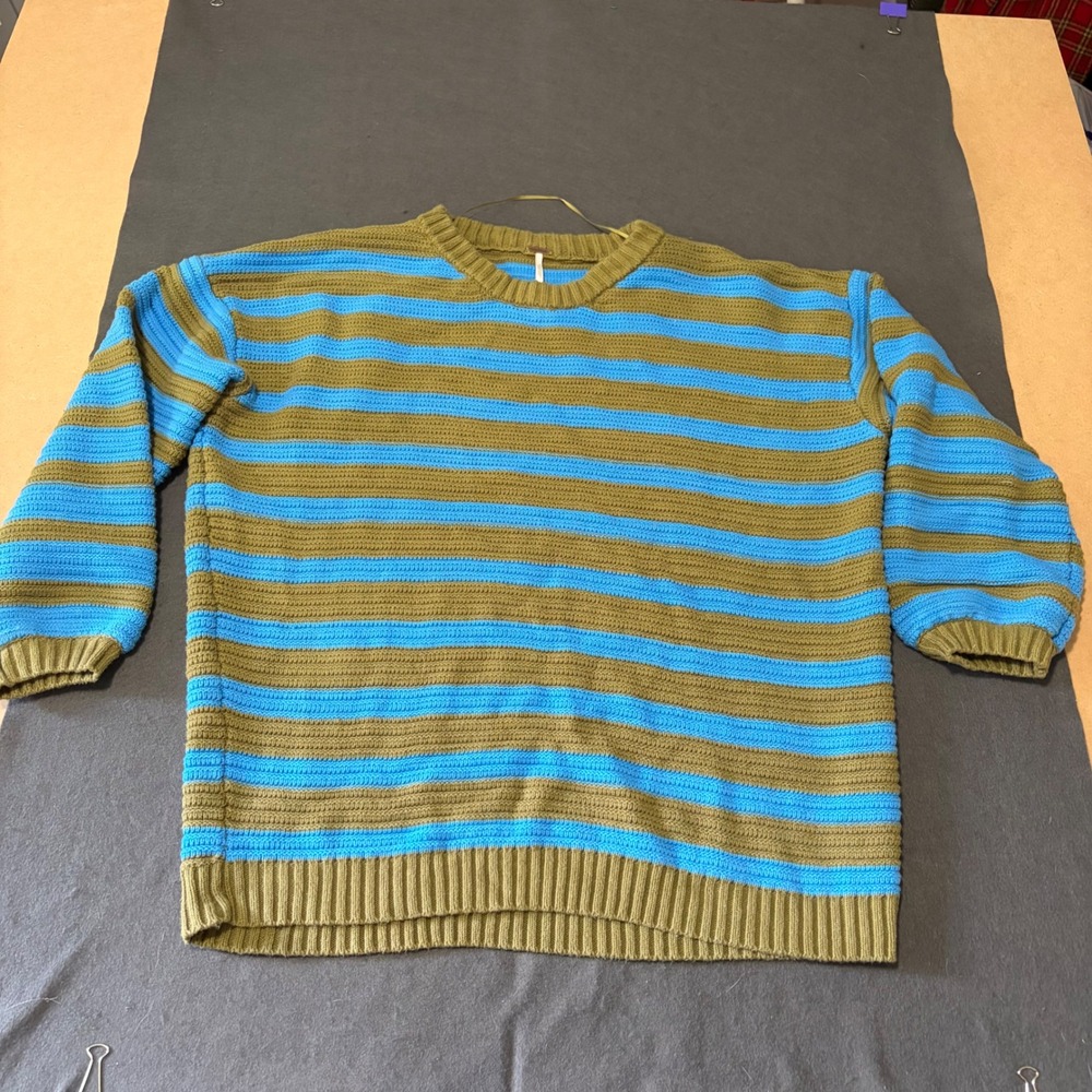 Free People Striped Knit Sweater Womens Size Medium Blue Olive Green